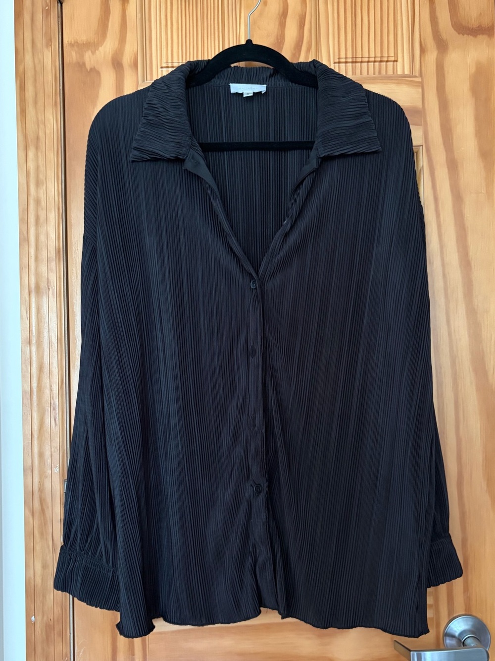 Black Satin Pleated Button Down Top